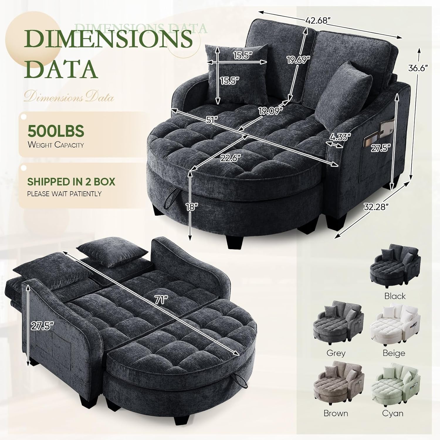 Chaise Lounge Chair Indoor, Chenille Oversized Sofa Chair with Storage Ottoman & Adjustable Backrest, Fluffy Loveseat Sofa, Comfy Convertible Sleeper Couch Bed for Living Room, Bedroom(Blue)