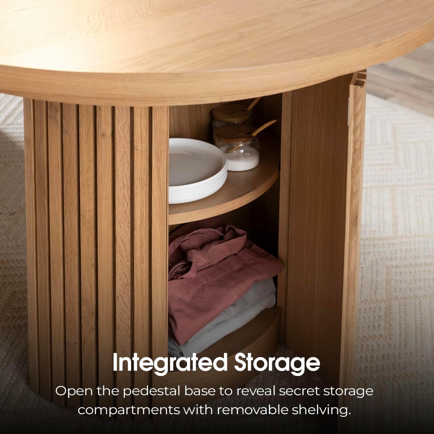 Expandable round Dining Table Set for 4 to 10 with Sideboad Panel Storage Cabinet - Solid Wood Dining Table with Hidden Storage, Space Saving Kitchen and Dining Room Furniture