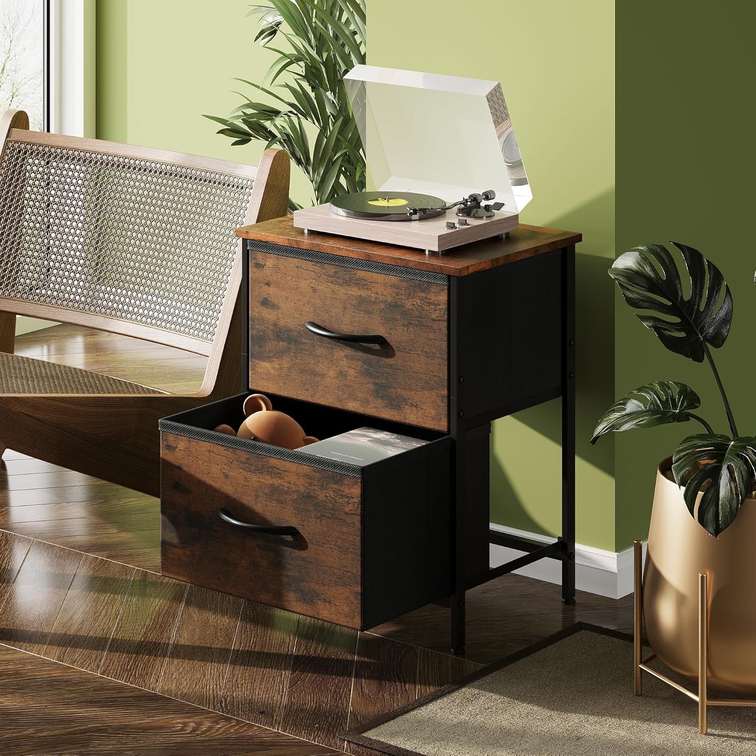 Night Stand, Small 2 Drawer Dresser, Nightstand with Fabric Bins for Bedroom, Closet, Dorm, Rustic Brown Wood Grain Print, 11.8" D X 15.7" W X 20.9" H