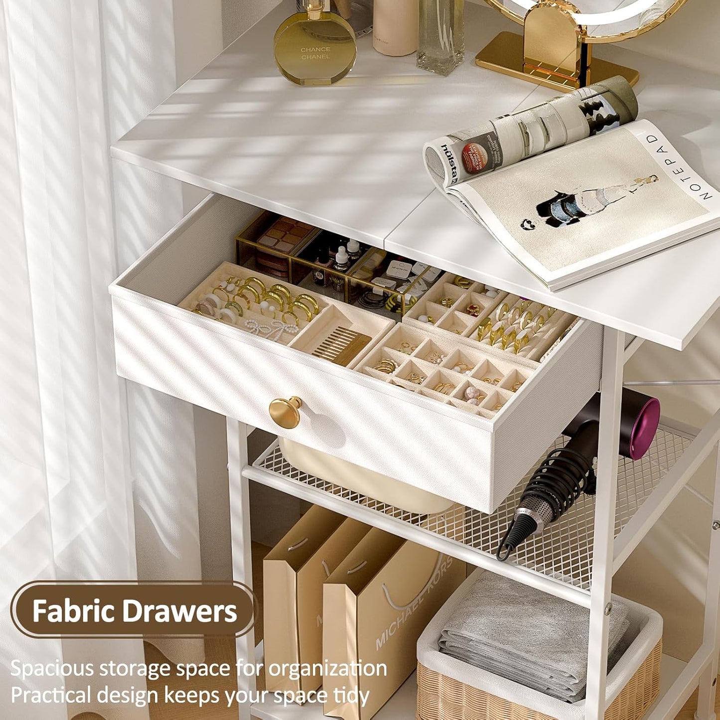 Small Vanity Desk without Mirror, Makeup Vanity Table for Small Space, Compact White Dressing Table with Fabric Drawers, Makeup Vanity with Storage for Bedroom, White, 23.6In（W）