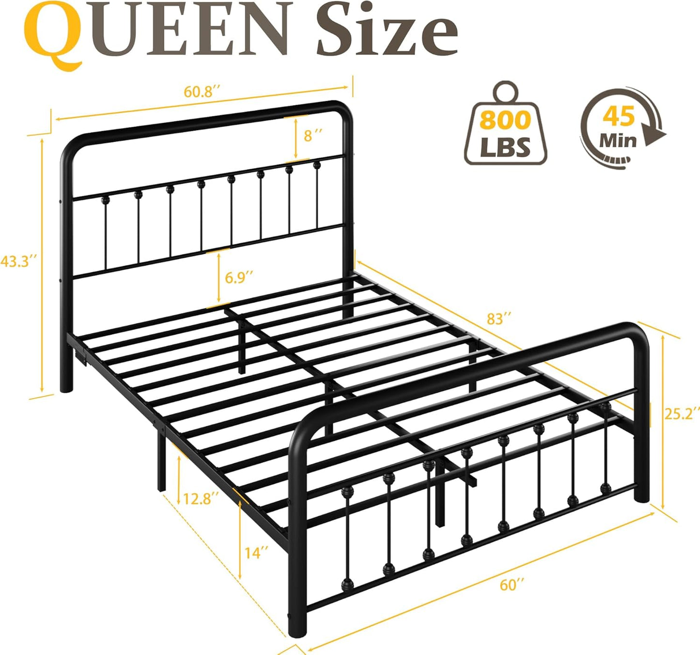 14 Inch Queen Bed Frame Classic Metal Platform Bed Frame with Charging Station & LED, Victorian Style Iron-Art Headboard/Footboard, under Bed Storage, No Box Spring Needed, Noise Free