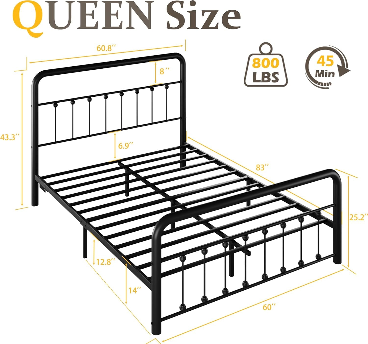 14 Inch Queen Bed Frame Classic Metal Platform Bed Frame with Charging Station & LED, Victorian Style Iron-Art Headboard/Footboard, under Bed Storage, No Box Spring Needed, Noise Free