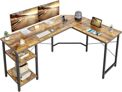 L Shaped Desk, 59.1 Inch Reversible Corner Desk with Storage Shelves, Home Office Desk for Writing Gaming Study, Rustic Brown