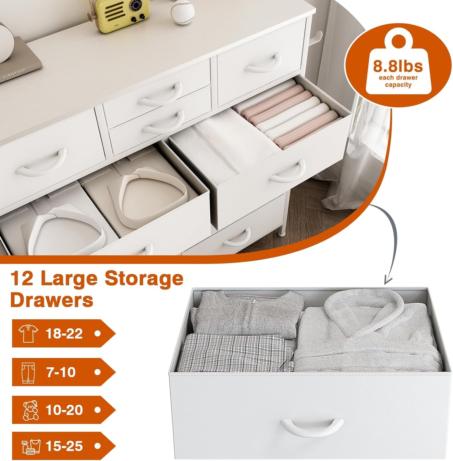Fabric Dresser for Bedroom, Tall Dresser Chest of Drawers with Side White Pockets and Hooks, Free Standing Organizer White