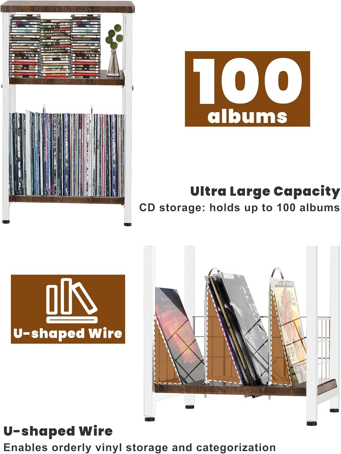 Record Player Stand, 3 Tier Side End Table with Vinyl Record Storage Basket, Turntable up to 100 Albums Record Shelf Display Holder Cabinet for Living Room, Bedroom, Office, White