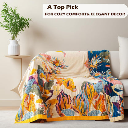Boho Throw Blanket 60" X 80", 100% Organic Cotton Skin-Friendly Lightweight Ultra Soft Bed Quilt Throw - Fall Floral Butterfly Farmhouse Decor Blanket for Sofa Couch Chair and Gift.