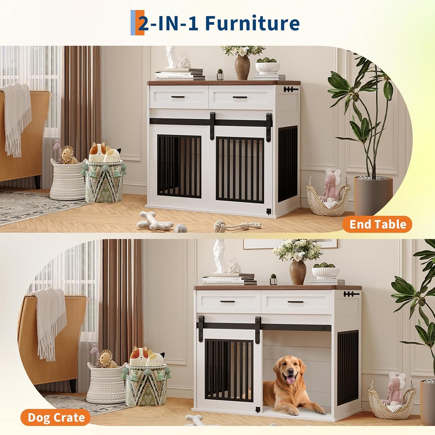 44.5'' Dog Crate Furniture with Hook and Storage Drawer, Wooden Dog Kennel with Sliding Barn Door Indoor Furniture Style Dog Crates End Table for Medium/Small Dogs