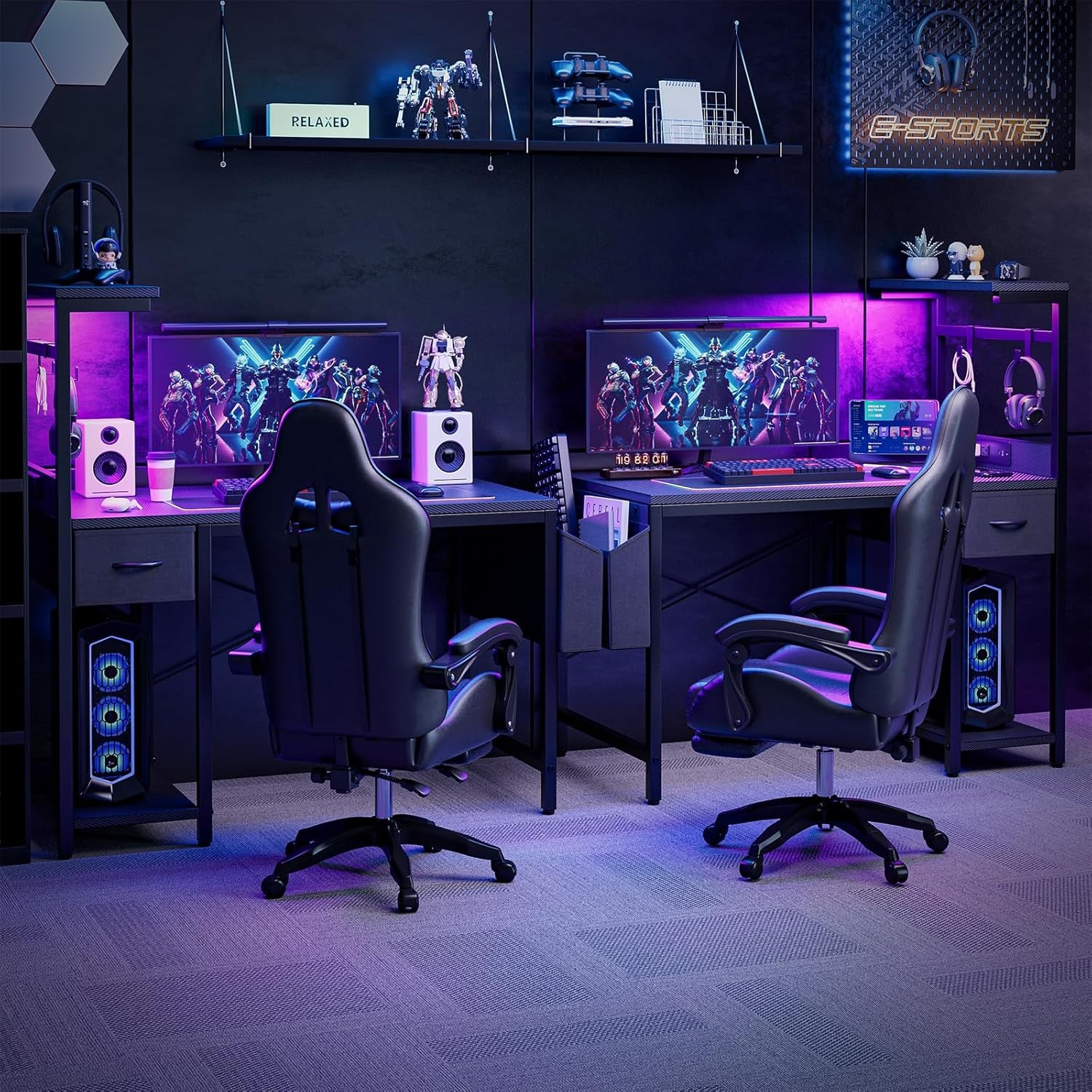 Gaming Desk 40 Inch with Power Outlet and LED Light, Computer Desk with Reversible Shelves and Storage Drawer, Pc Small Desk for Home Office Table with Bag, Carbon Fiber Black