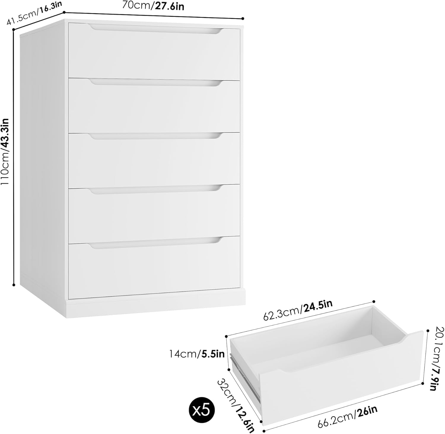 Modern 5 Drawer Dresser for Bedroom, Tall Chest of Drawers with Storage, Large Wood Cloth Storage Organizer with Cut-Out Handle, Accent Storage Cabinet for Living Room, Hallway, Classic White