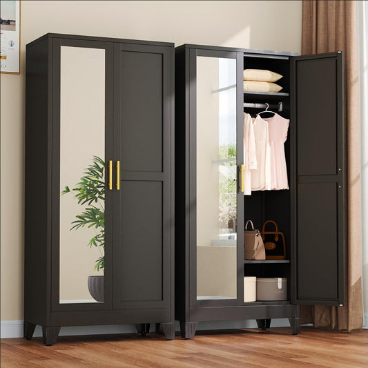Metal Armoire Wardrobe Closet with 2 Mirror Doors, 71"' Wardrobe Cabinet with Adjustable Shelves and Hanging Rod, Clothing Storage Cabinet Closet with Mirror for Bedroom-Black