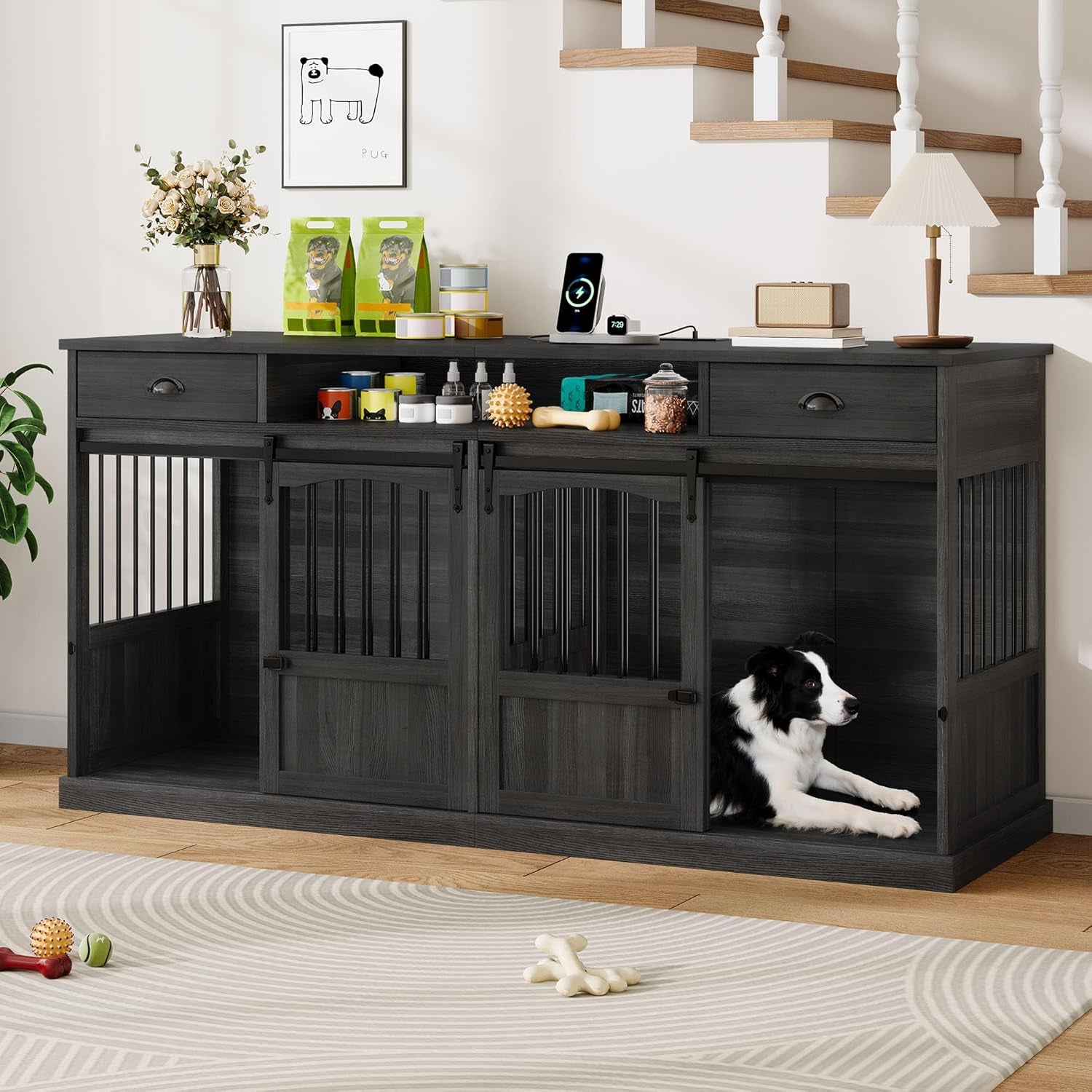 70.86" Double Dog Crate Furniture with Storage for 2 Medium Large Dogs Farmhouse Wooden Dog Kennel Furniture with 2 Sliding Doors Divider & Power Outlet Decorative Dog Cage TV Stand Dark Grey