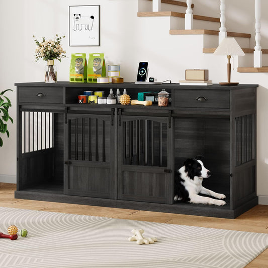70.86" Double Dog Crate Furniture with Storage for 2 Medium Large Dogs Farmhouse Wooden Dog Kennel Furniture with 2 Sliding Doors Divider & Power Outlet Decorative Dog Cage TV Stand Dark Grey