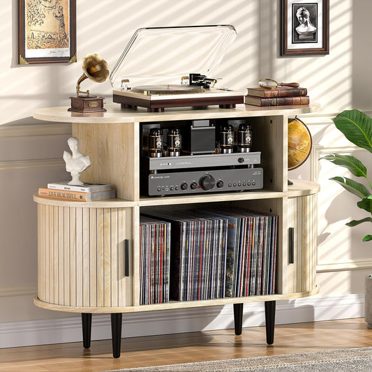Large Record Player Stand with Storage and Shelves, Mid Century Modern Record Player Cabinet with Doors, Vinyl Record Player Table Holds 150+ Records for Living Room Bedroom (Nature)