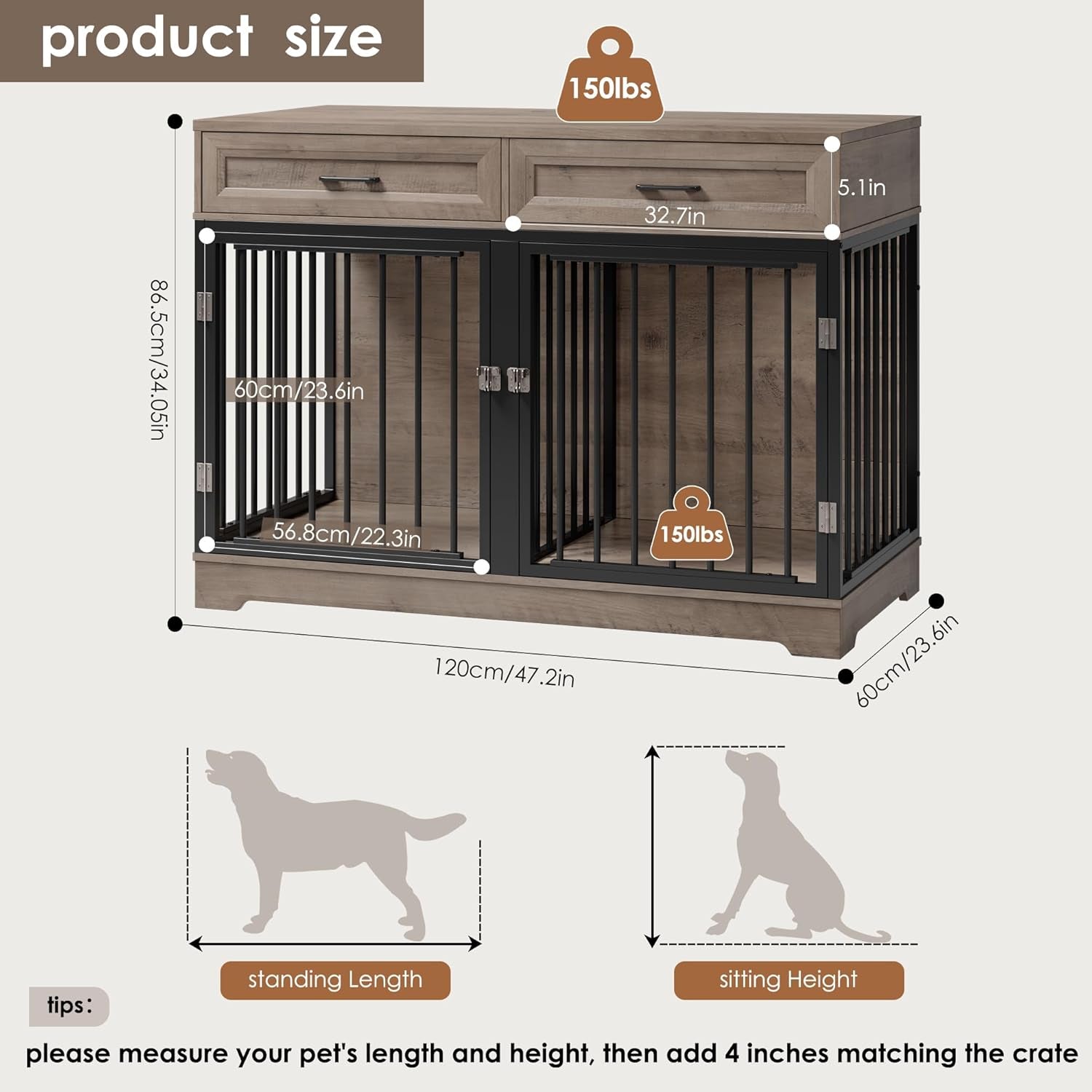 Dog Crate Furniture 47" Wooden Dog Kennels for Dogs Indoor with a Removable Divider for Large/Medium/Small Dogs, 2 Storage Drawers and Large Tabletop Dog Cages Double Doors Dog House, Rustic