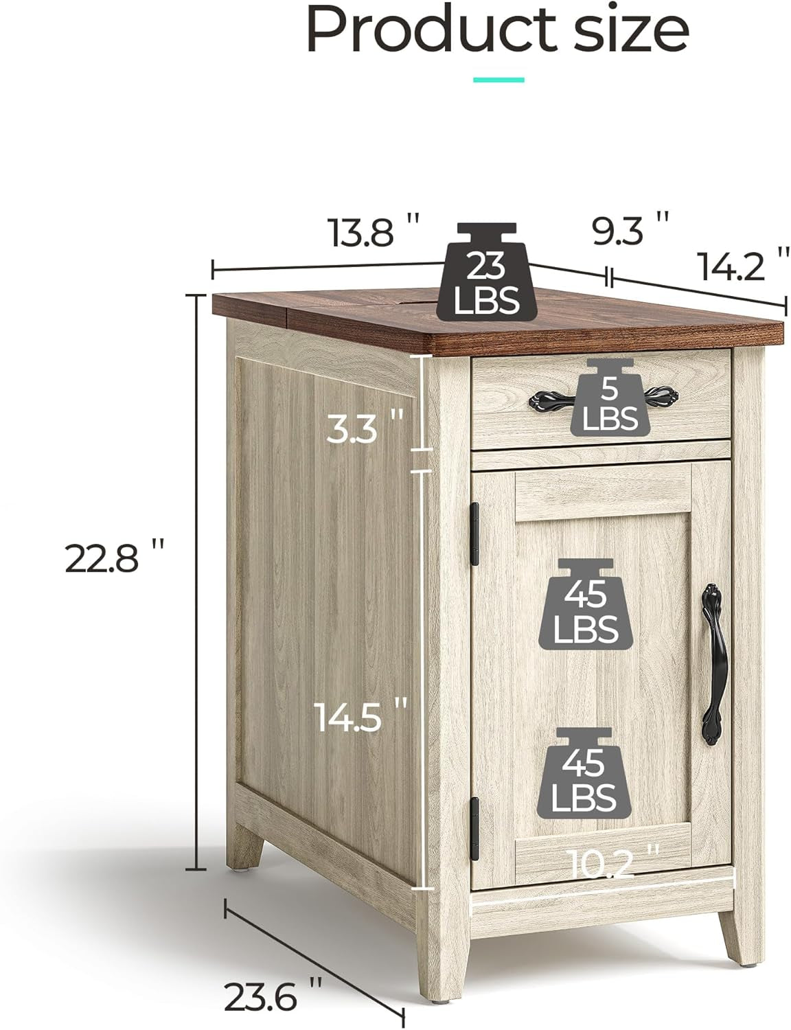 Farmhouse End Table with Charging Station, Narrow Side Table for Living Room, Sofa Side Table with Drawer and Storage Cabinet, Small Nightstand for Home Office