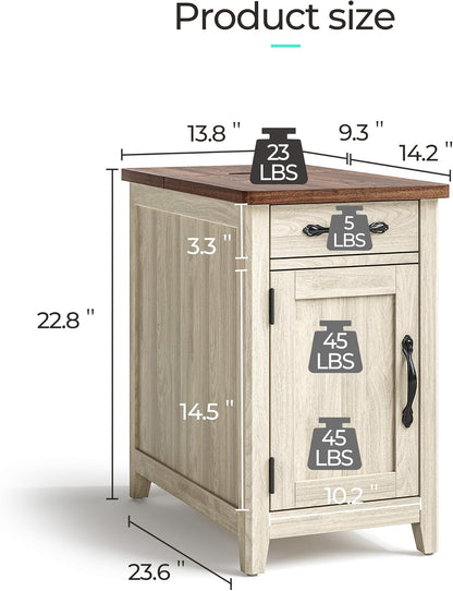 Farmhouse End Table with Charging Station, Narrow Side Table for Living Room, Sofa Side Table with Drawer and Storage Cabinet, Small Nightstand for Home Office