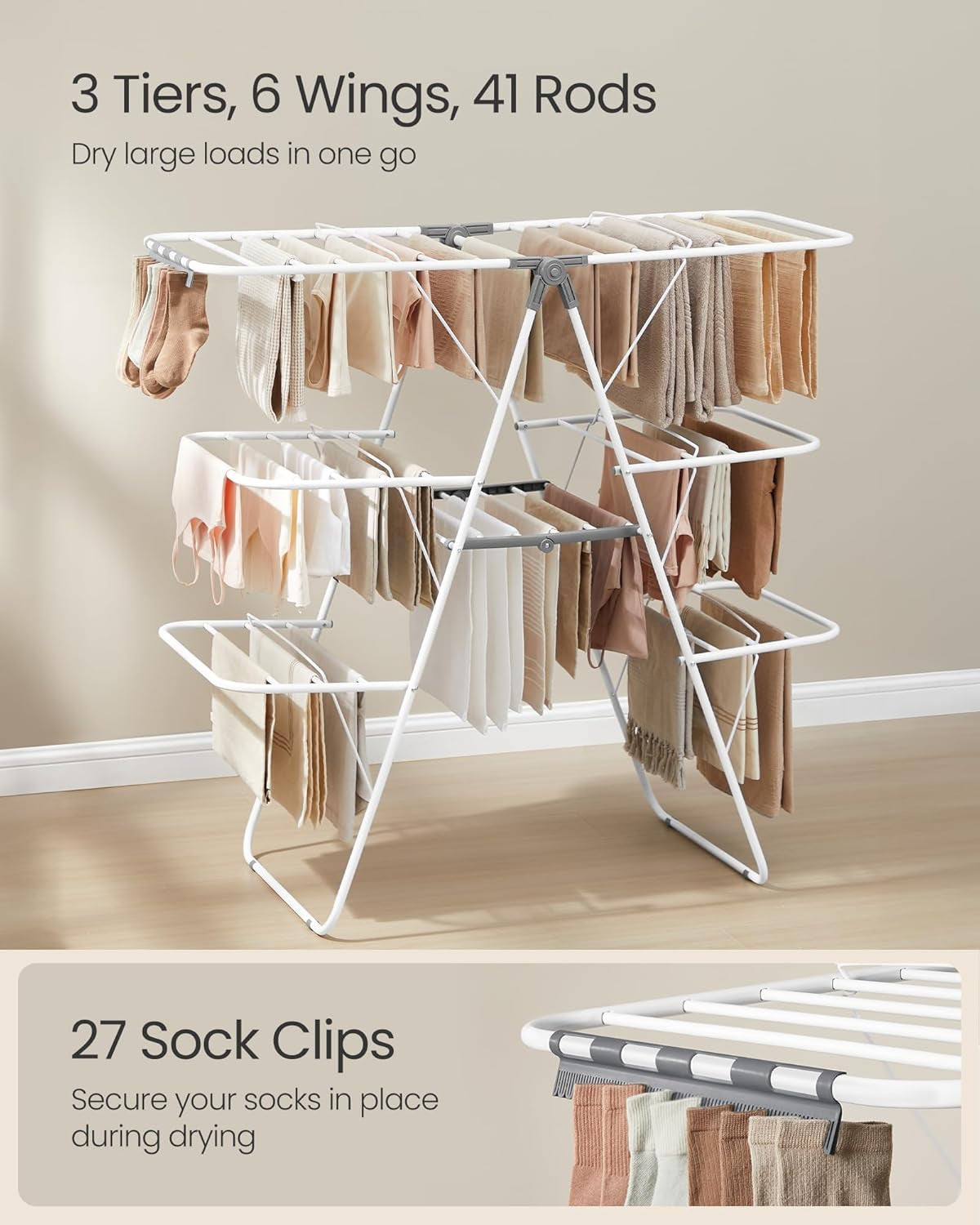 Clothes Drying Rack, Foldable 3-Level Laundry Rack, Free-Standing Large Drying Rack, with Height-Adjustable Wings, 39 Drying Rails, Sock Clips, White and Gray ULLR054W01