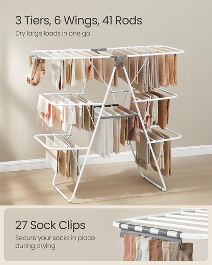 Clothes Drying Rack, Foldable 3-Level Laundry Rack, Free-Standing Large Drying Rack, with Height-Adjustable Wings, 39 Drying Rails, Sock Clips, White and Gray ULLR054W01