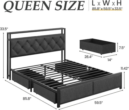 Queen Bed Frame with 4 Drawers, Upholstered Headboard with Storage, Fast Charging Station, LED Lights, Bed Frame Queen Size with Fabric Drawers, No Box Spring Needed, Easy Assembly, Grey