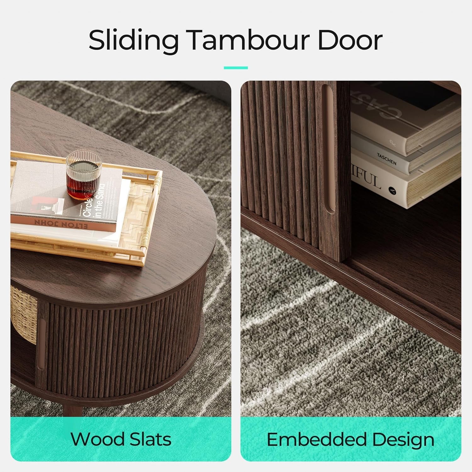 Oval Coffee Table, Wood Coffee Table with Storage, Fluted Accent Center Table with Sliding Tambour Door, 39" Mid Century Modern Coffee Tables for Living Room, Bedroom, Apartment, Walnut