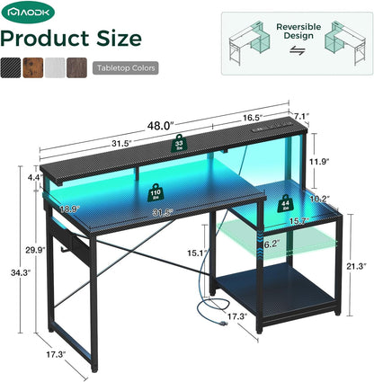 Computer Desk, 48 Inch Gaming Desk with Led Lights & Power Outlet, Office Desk with Storage Shelves, Reversible Desk with Monitor Shelf & Headphone Hook, Carbon Fiber Black
