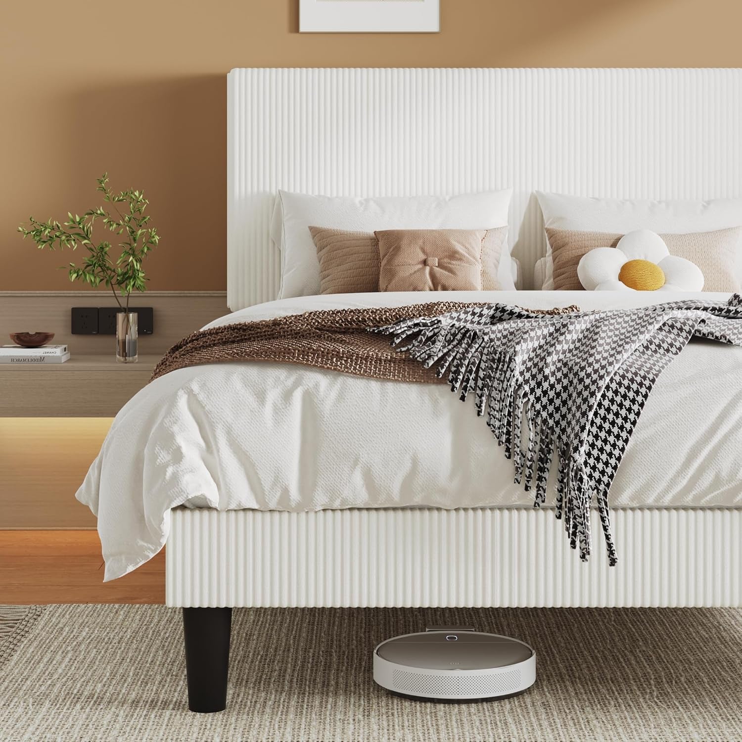 Full Size Upholstered Bed Frame with Vertical Channel Tufted Headboard, Soft Corduroy Fabric Platform Bed, Strong Wooden Slats Support, Easy Assembly, No Box Spring Needed, White