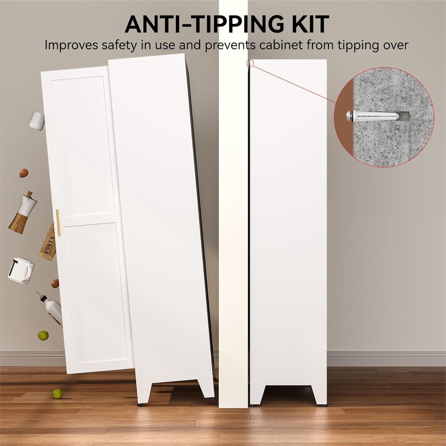 61" Tall Pantry Cabinet with Adjustable Shelves, White Storage Cabinet with Doors and Shelves, Sturdy Freestanding Cupboard for Kitchen Pantry, Bathroom Storage, Living Room & Office