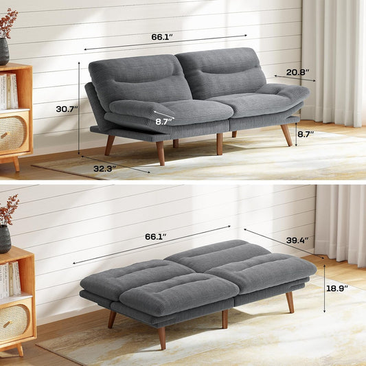 66.1" Futon Sofa Bed, Corduroy Convertible Futon Couch with Adjustable Backrest & Armrests, Small Sleeper Sofa Loveseat for Small Apartments, Study Room, Office, Grey