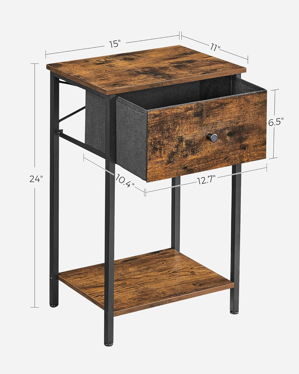 Nightstand, Side Table with Fabric Drawer, 24-Inch Tall End Table with Storage Shelf, Bedroom, Rustic Brown and Black ULGS021B01