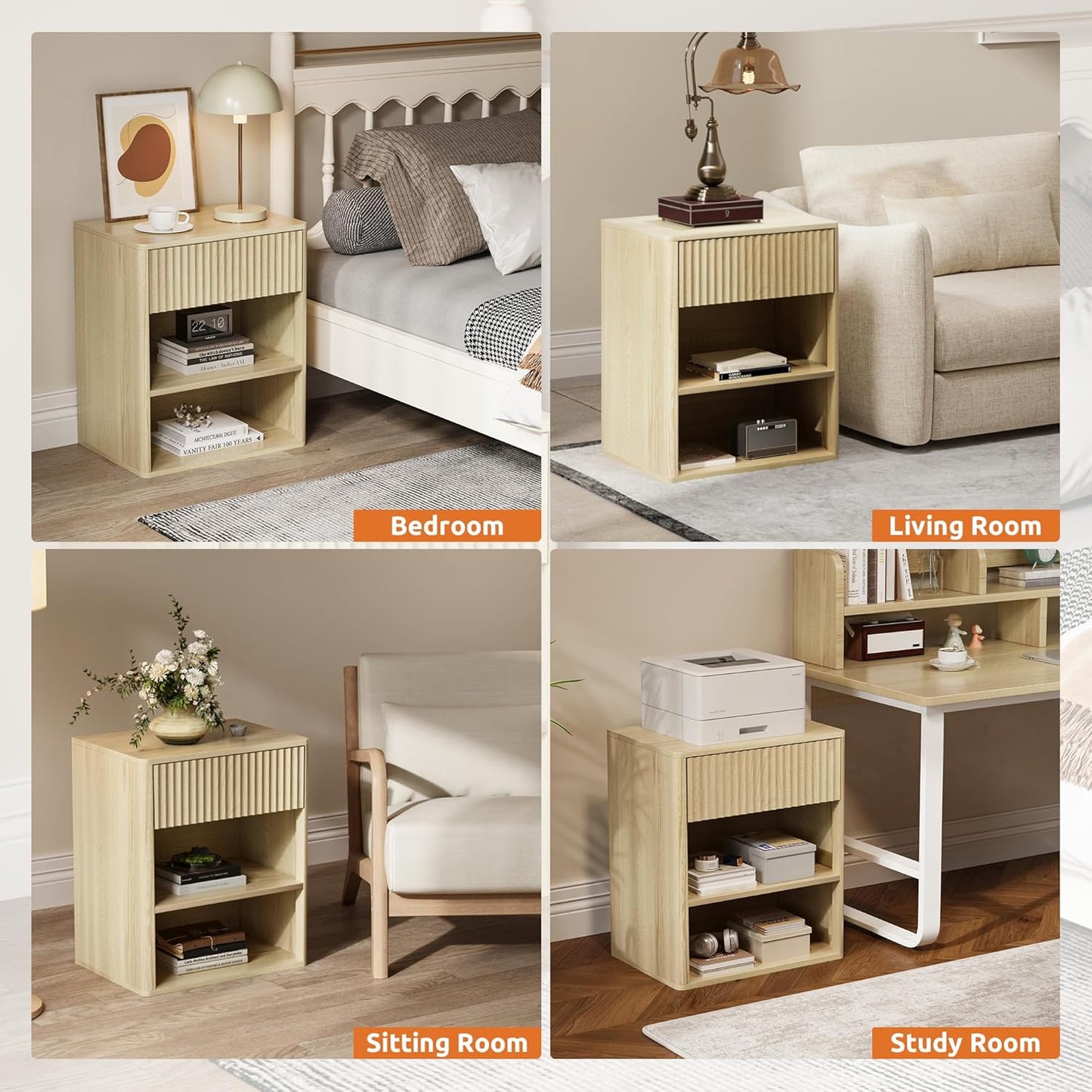 Nightstand Bedside Table Storage Drawer - Large Mid Century Modern Night Stand with Fluted Wood Drawer and Open Shelf Bed Side Table for Bedroom Study Room, Natural Oak