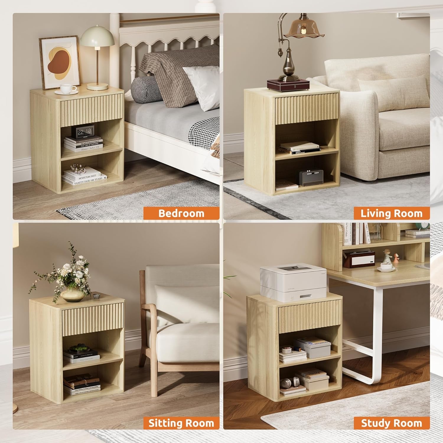 Nightstand Bedside Table Storage Drawer - Large Mid Century Modern Night Stand with Fluted Wood Drawer and Open Shelf Bed Side Table for Bedroom Study Room, Natural Oak