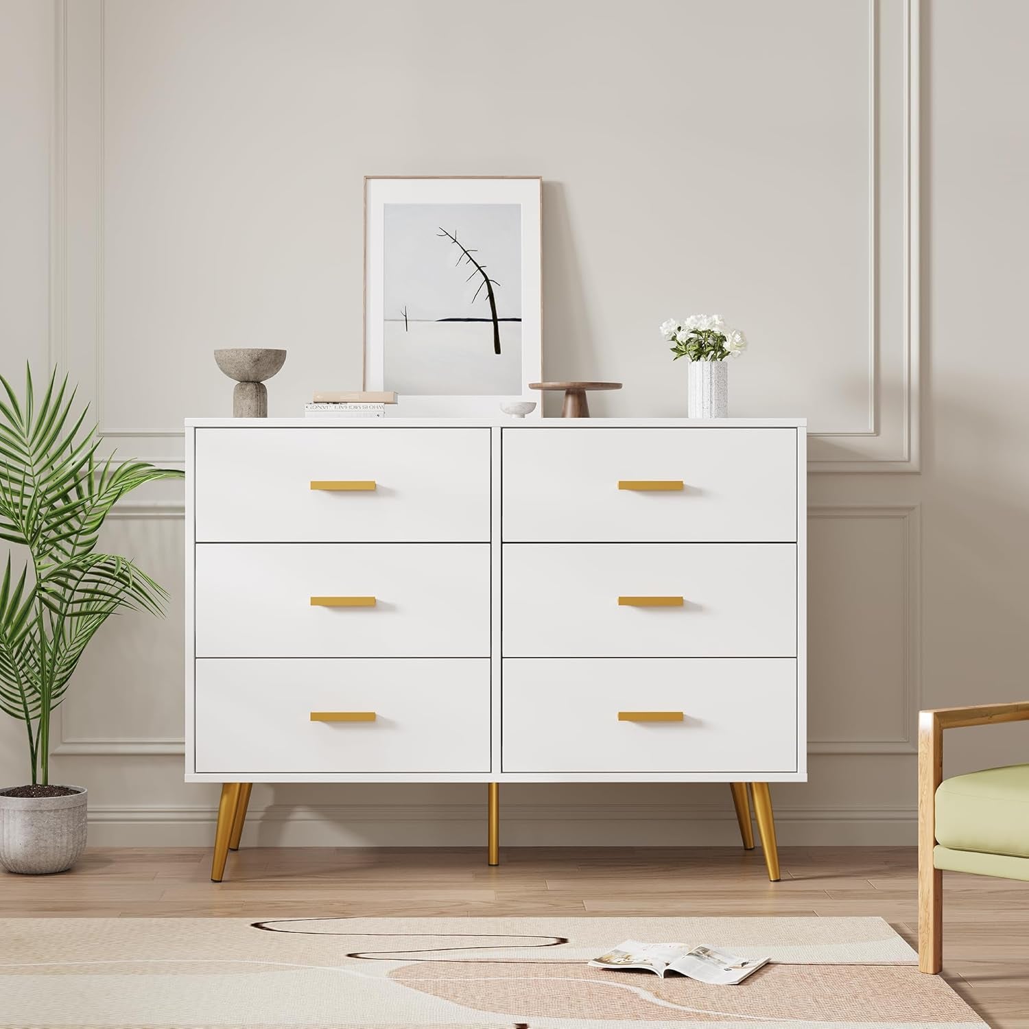 6 Drawer Dresser, Modern Wooden Chest of Drawers with Gold Handles, Deep Drawers for Bedroom, Living Room and Entryway, White
