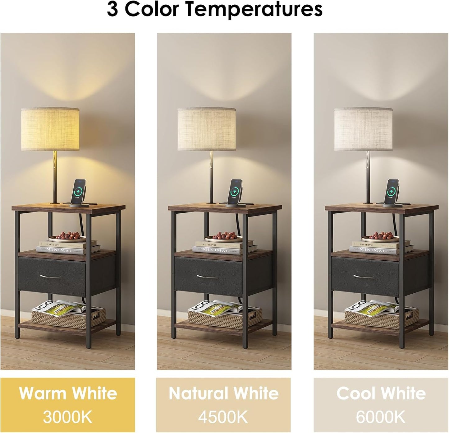 Nightstand with LED Lights Bedside Table with 3 Color Temperatures Bulb, Tall Nightstand with Charging Station End Table with Adjustable Fabric Drawer for Bedroom Dorm