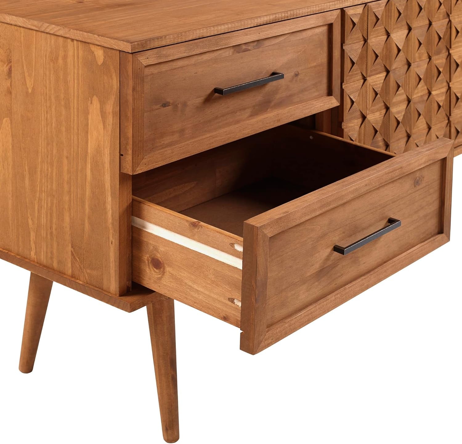 Deluca Boho Solid Wood 2 Door Sideboard with Prism Detail, 58 Inch, Caramel
