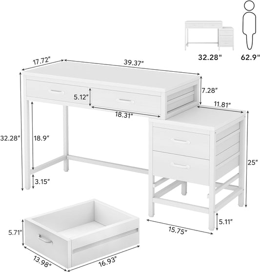 Computer Desk with 5 Drawers, Home Office Desks with Reversible Drawer Cabinet Printer Stand, Industrial PC Desk with Storage, White Study Writing Table Workstation for Small Spaces