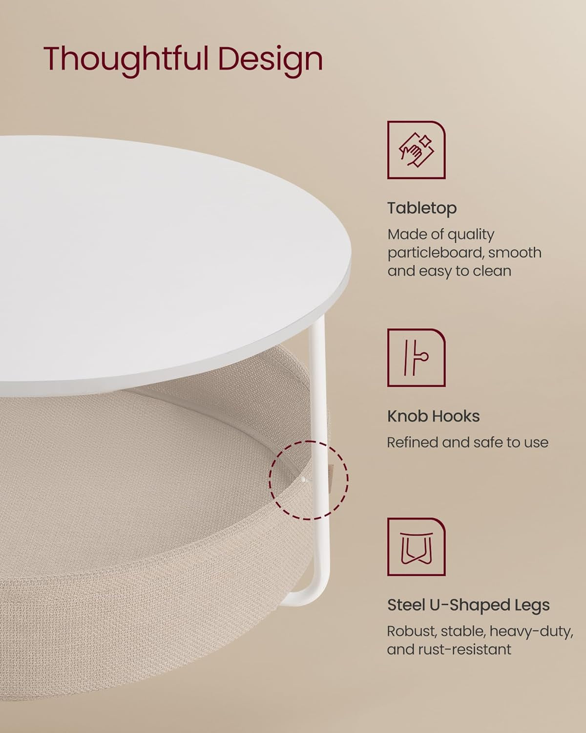 Coffee Table with Storage, round Center Table for Living Room with Fabric Basket, Modern Style, Metal Frame, Matte White and Camel Brown ULCT244W10