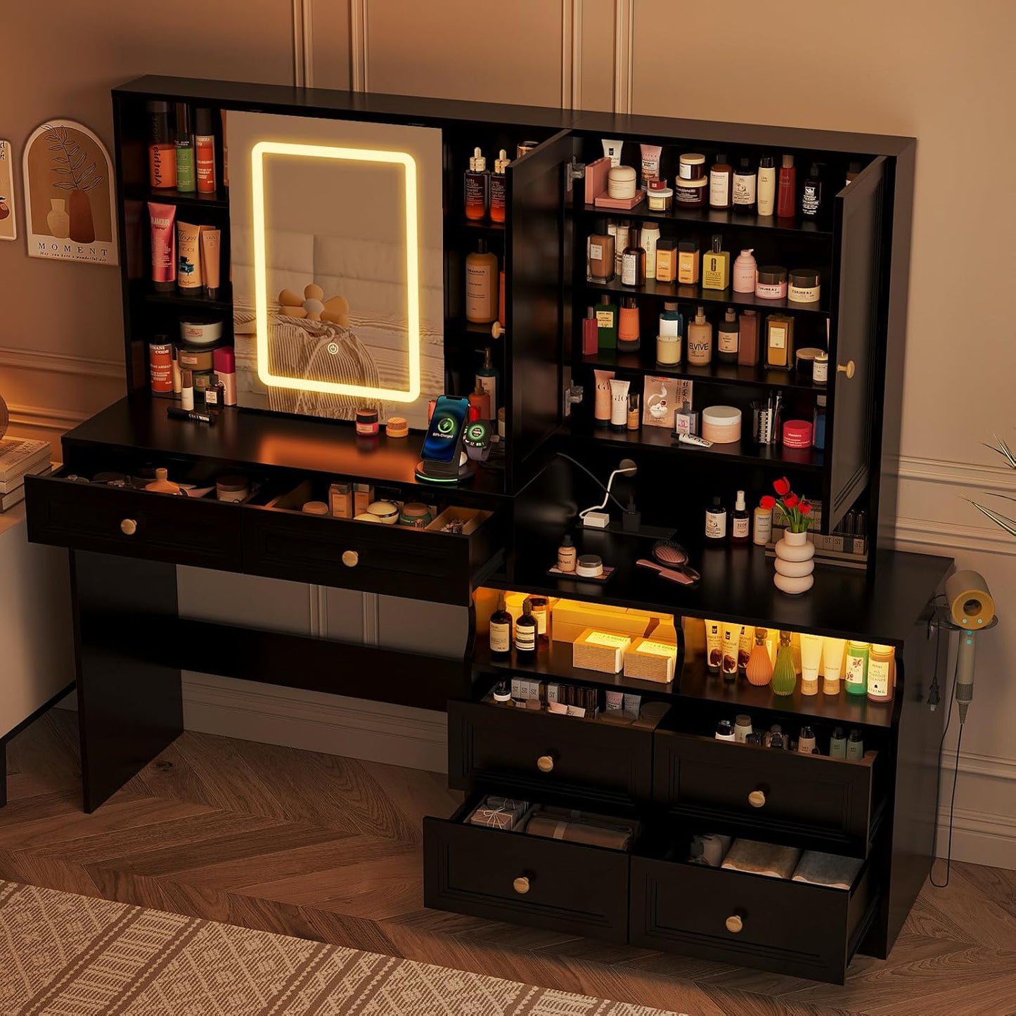 58.6" Large Vanity Desk with Sliding Mirror & Lights, Black Makeup Vanity Table & Nightstand Combo with Power Outlet and 6 Drawers 15 Shelves with Light Strips for Bedroom Dressing Room