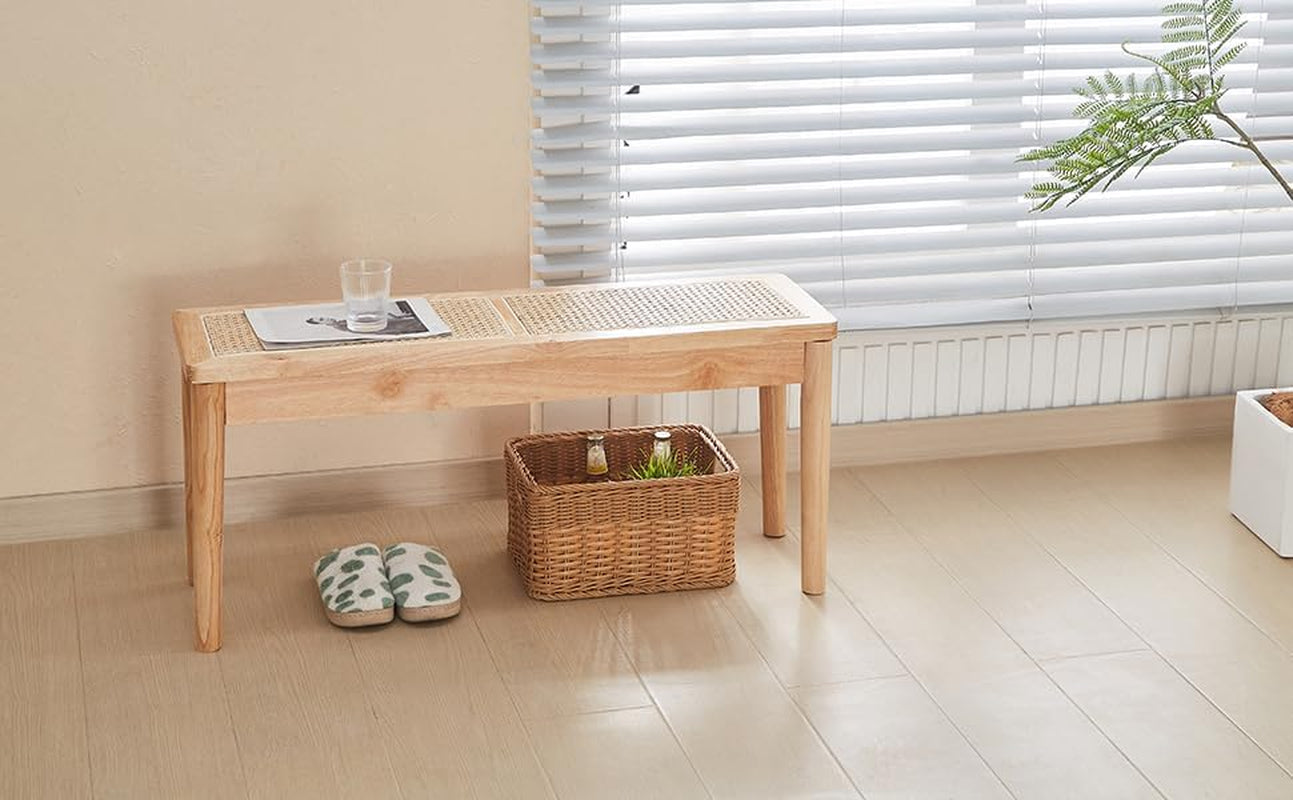 40" Wooden Dining Bench with Hand Woven Rattan Seat,Solid Wood Bench for Entryway,Living Room,Kitchen and Bedroom（Nature Wood，18" H