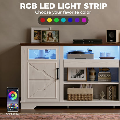 65.8" Farmhouse TV Stand for 60/65/70 Inch Tvs, Tall Entertainment Center with LED Lights & Power Outlet, Media Console with Storage Cabinets & Adjustable Shelves for Living Room, White