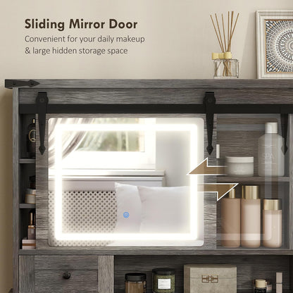 Farmhouse Vanity Desk with Mirror, LED Lights Makeup Vanity Table with 42 Inch Glass Tabletop, Cushioned Stool, Drawers & Shelves & Cabinet, Rustic Dressing Table Set for Bedroom, Gray