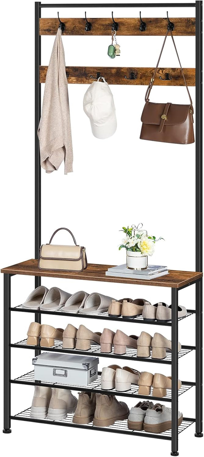 Hall Tree, Coat Rack with Shoe Rack, Hall Tree with Bench, 5 Tier Shoe Storage Organizer with 9 Hooks for Entryway, Closet, Sturdy, Industrial, Rustic Brown and Black BF80MT01G2