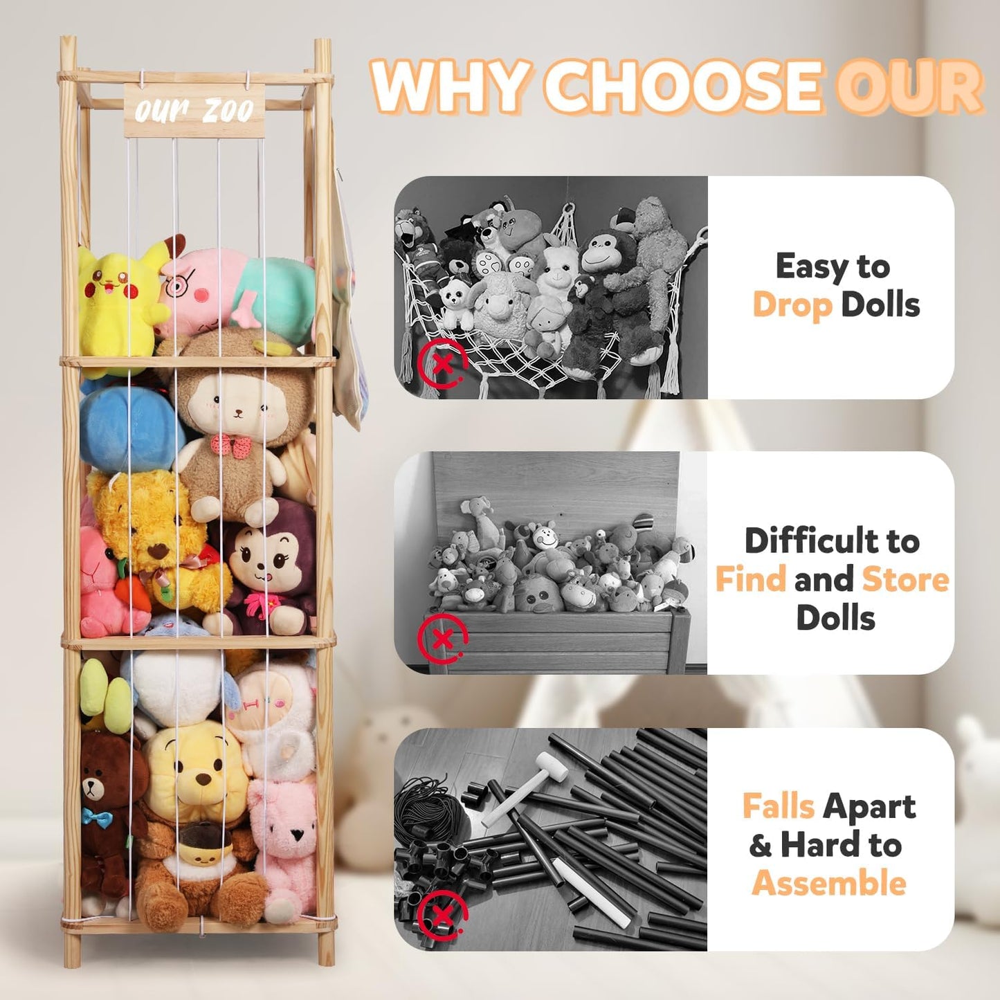 Stuffed Animal Storage Organizer, Large Wooden Zoo Toy Holder with Pockets, Plushie, Stuffy,Toy Storage for Kids Room, Playroom, Bedroom(Natural Large)