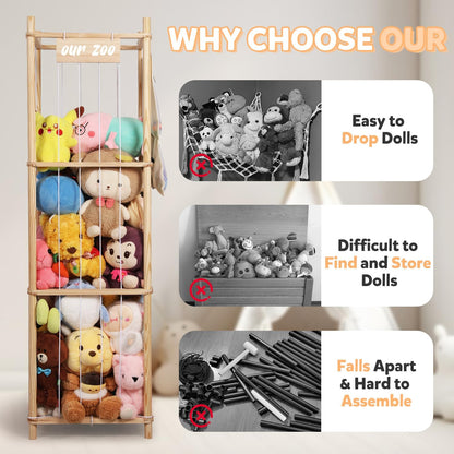 Stuffed Animal Storage Organizer, Large Wooden Zoo Toy Holder with Pockets, Plushie, Stuffy,Toy Storage for Kids Room, Playroom, Bedroom(Natural Large)