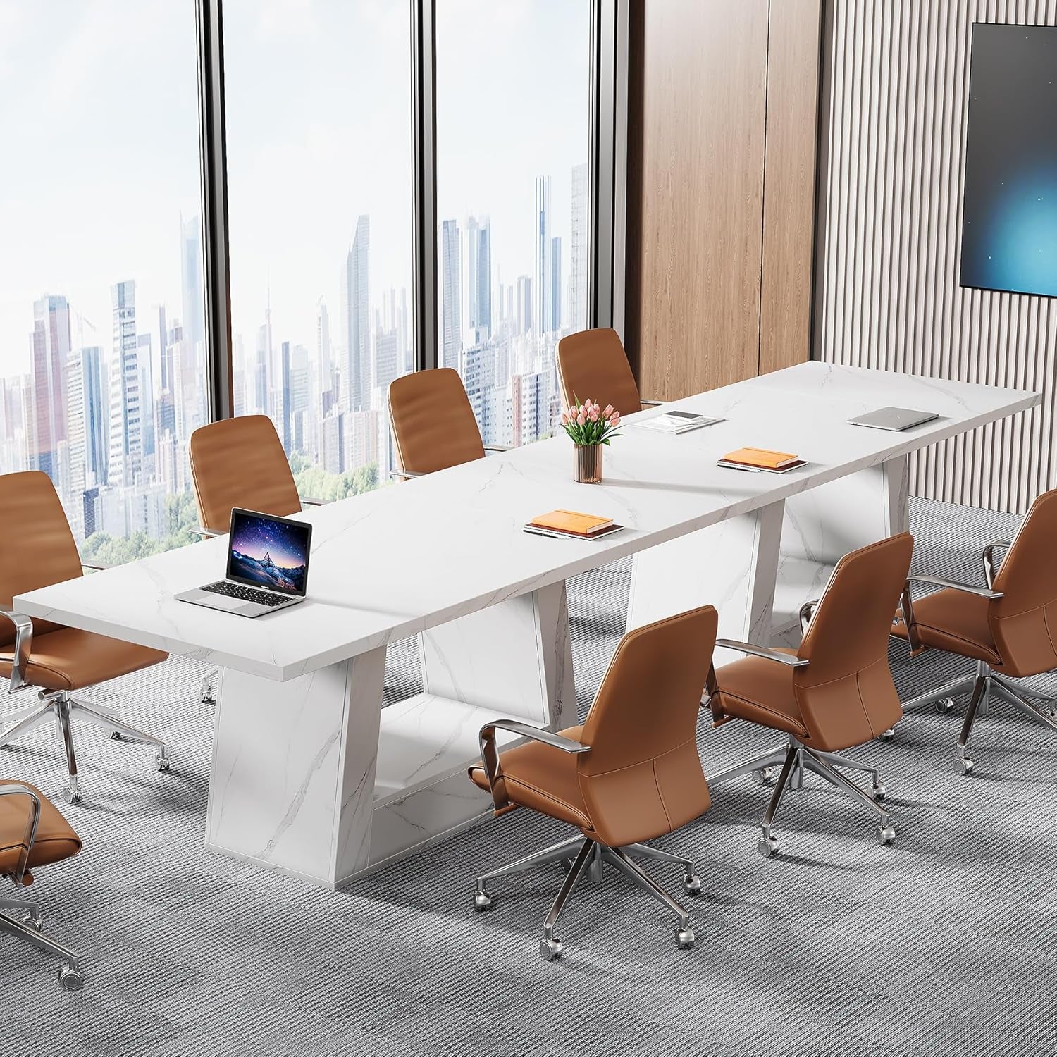 Modern Computer Desk, 63-Inch Large Office Desk Workstation, Simple Style Executive Desk Study Table with Sturdy Base, Wooden Faux Marble Writing Desk for Home Office, White