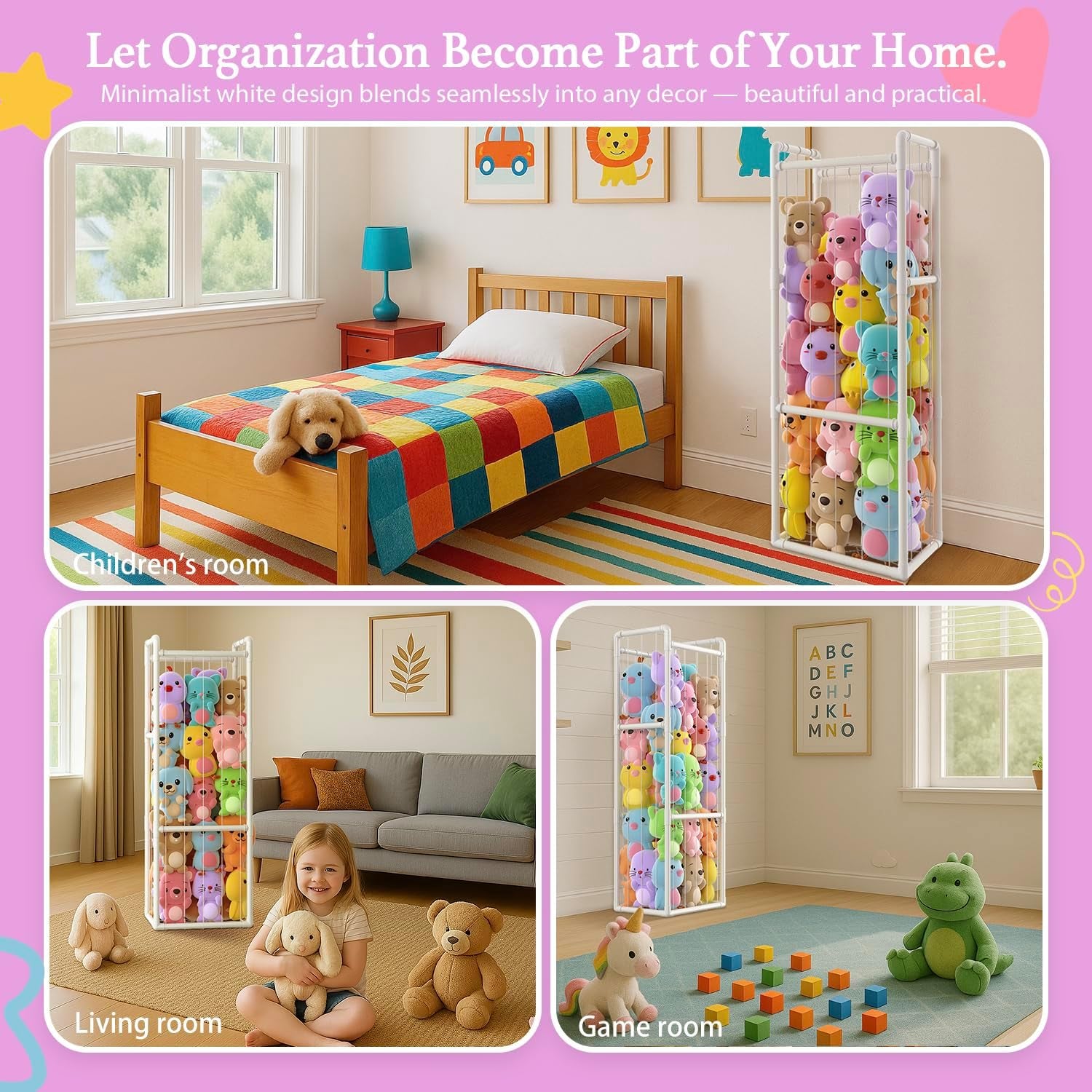 Large Stuffed Animal Storage Organizer - Vertical Zoo Cage & Toy Storage Organizer with Sturdy PVC Tubes - Space-Saving Plush Toy Holder for Kids Room Playroom - Easy Assembly & Fun Cleanup