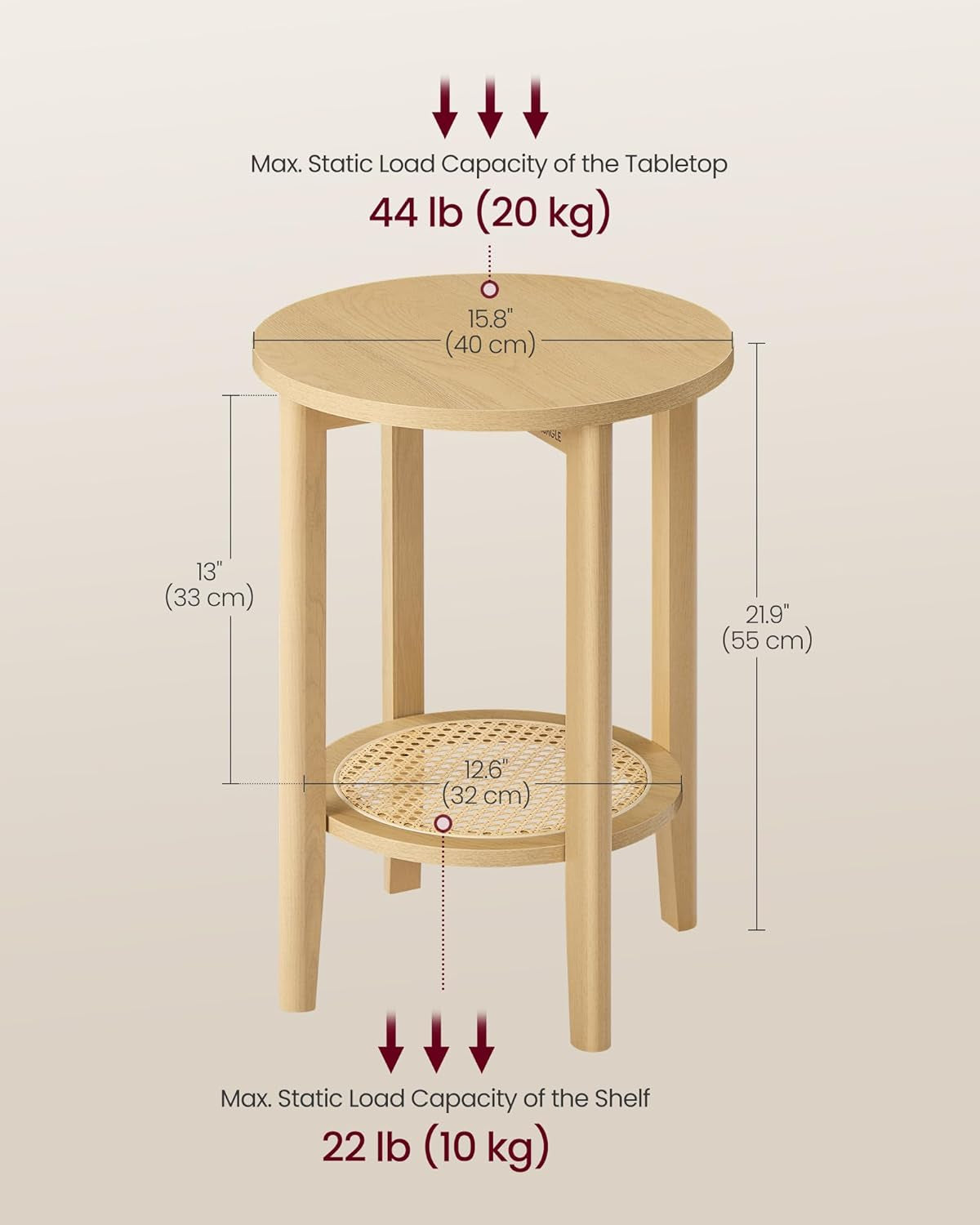 round Side End Table, 2-Tier Boho Bedside Table with Rattan-Look Storage Shelf, Nightstand for Small Spaces, for Living Room, Bedroom, Home Office, Oak Beige ULET296Y01