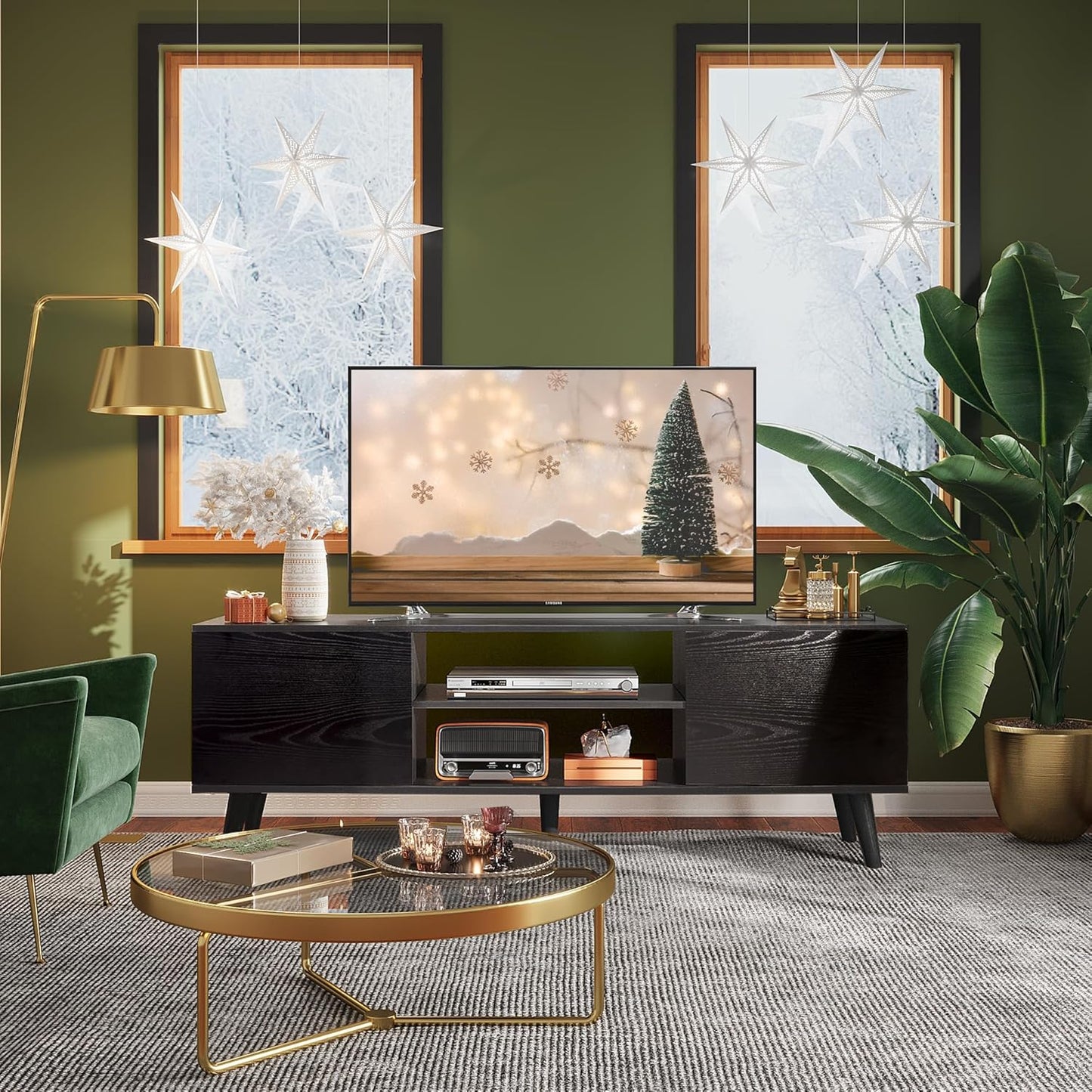 Mid-Century Modern TV Stand for 55 60 65 Inch TV, Entertainment Center with Storage & Adjustable Shelves, Media TV Console with Soft-Close Cabinets for Living Room Bedroom, Black