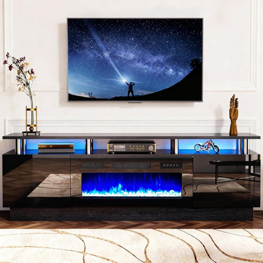 2 Tier TV Console Stand with 36" Electric Fireplace, LED Light Entertainment Center for Tvs up to 80" for the Living Room, 70", Black