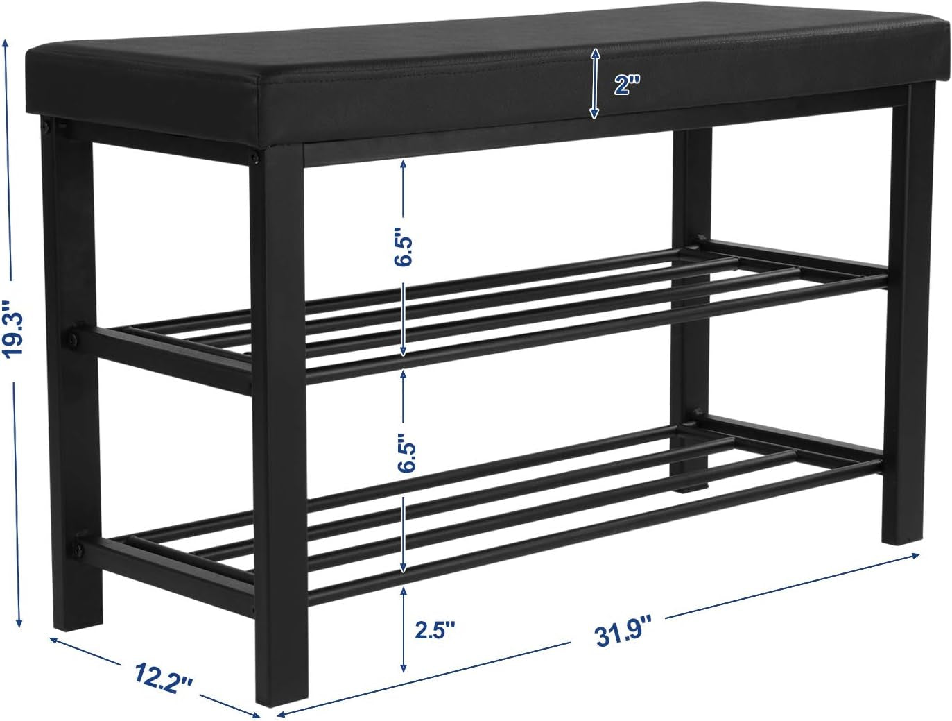 SONGMICS Shoe Bench, 3-Tier Shoe Rack for Entryway, Storage Organizer with Foam Padded Seat, Faux Leather, Metal Frame, for Living Room, Hallway, 12.2 X 31.9 X 19.3 Inches, Black ULBS58H
