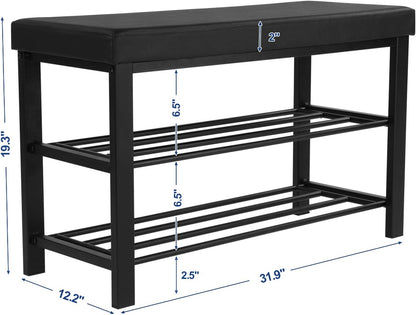 SONGMICS Shoe Bench, 3-Tier Shoe Rack for Entryway, Storage Organizer with Foam Padded Seat, Faux Leather, Metal Frame, for Living Room, Hallway, 12.2 X 31.9 X 19.3 Inches, Black ULBS58H